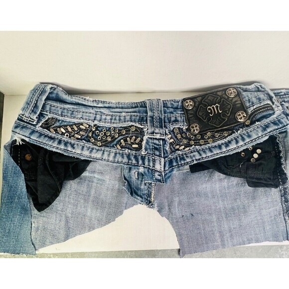 Miss Me Jeans Patches Rhinestone Pockets Zipper Buttons Logo Upcycle Thrift Flip - Picture 4 of 8